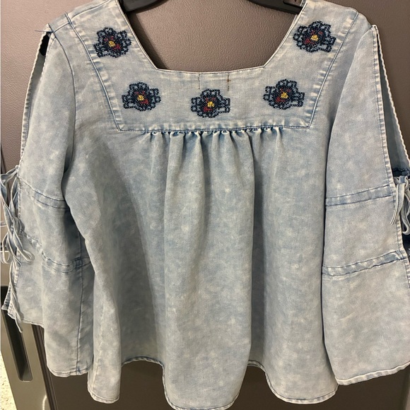 Embroidered POL Denim Blue Women's Peasant Embroidered Top M - Picture 5 of 11